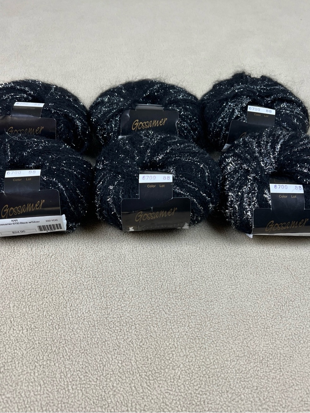 Lot Of 6! Karabella Gossamer Black Silver Yarn, Kid Mohair. 6700.  222 Yds Each